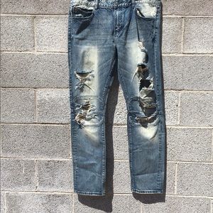 Crysp Denim Moto Distressed Blue Jeans Men's Size 38x32 Straight Leg